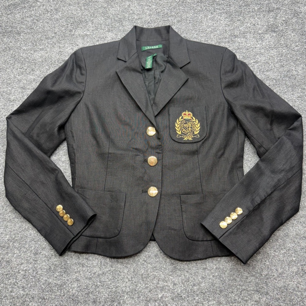 Lauren Ralph Lauren Black 100% Linen Crested Blazer Gold Button Jacket Size 4